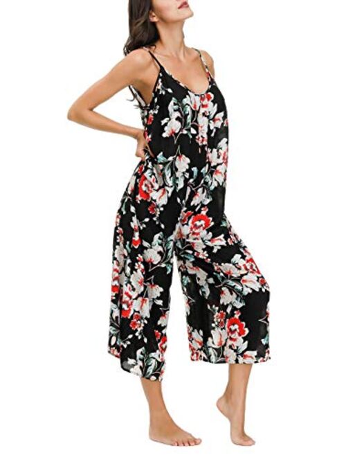 Wexcen Womens Floral Printed Jumpsuits Casual Sleeveless Spaghetti Strap Rompers Wide Leg Pants with Two Pockets