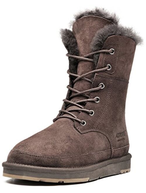 Aumu Womens Shearling Leather Sheepskin Classic Lace up Mid Calf Flat Fur Winter Snow Boots