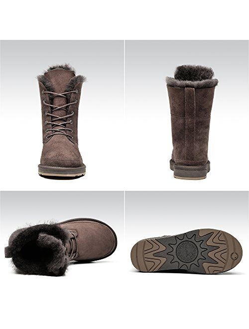 Aumu Womens Shearling Leather Sheepskin Classic Lace up Mid Calf Flat Fur Winter Snow Boots