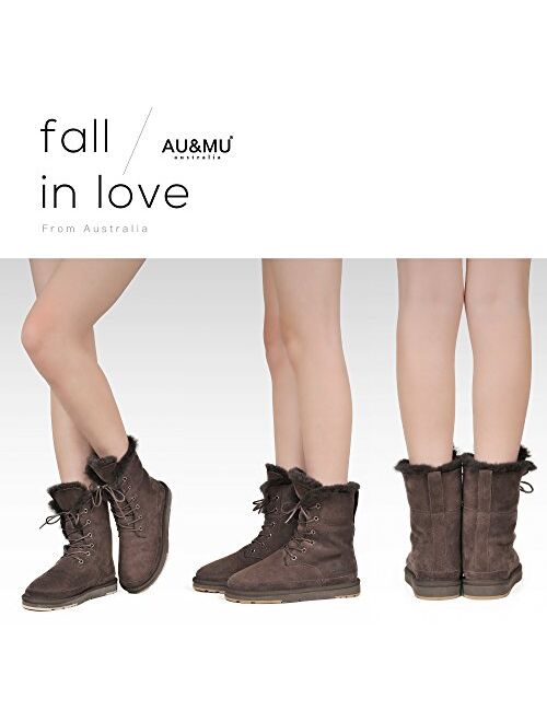 Aumu Womens Shearling Leather Sheepskin Classic Lace up Mid Calf Flat Fur Winter Snow Boots
