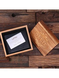 Personalized Fathers Day Engraved Monogrammed Mens Leather Wallet with Metal Gift Card and Wood Box
