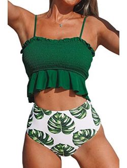 Women's Smocked Green and Monstera Ruffled High Waisted Bikini