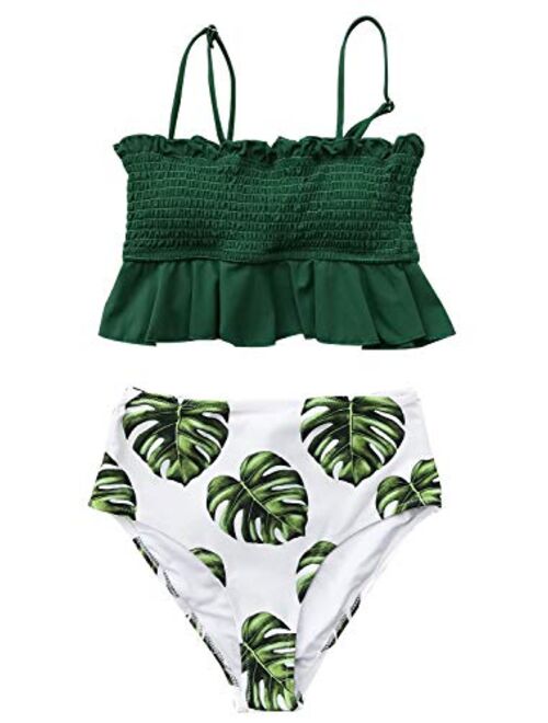 CUPSHE Women's Smocked Green and Monstera Ruffled High Waisted Bikini