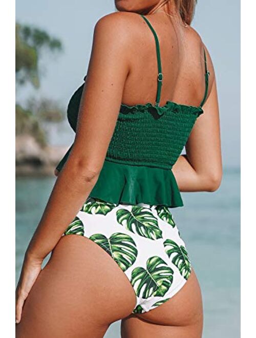 CUPSHE Women's Smocked Green and Monstera Ruffled High Waisted Bikini