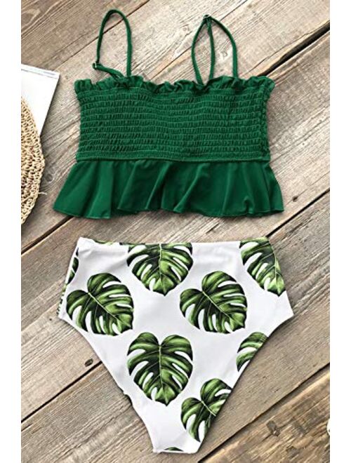 CUPSHE Women's Smocked Green and Monstera Ruffled High Waisted Bikini