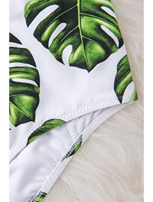 CUPSHE Women's Smocked Green and Monstera Ruffled High Waisted Bikini