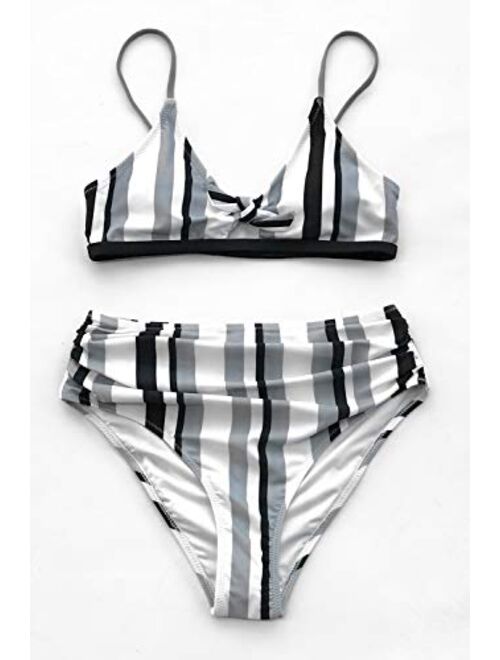 CUPSHE Womens Black White Grey Stripe Bikini Bowknot Shirred Swimsuit