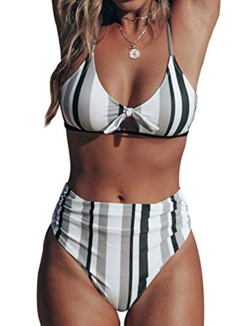 CUPSHE Womens Black White Grey Stripe Bikini Bowknot Shirred Swimsuit