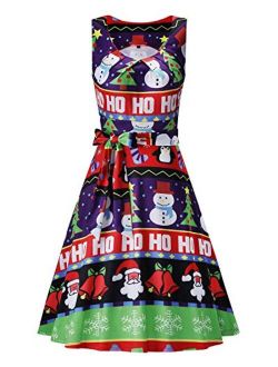 KILIG Women's Christmas Sleeveless Print Pleated Skater Party Cocktail Dresses with Pockets