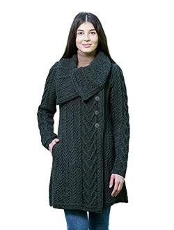 SAOL 100% Merino Wool Women Classic Cable Knit Cardigan Irish Coat with Pockets