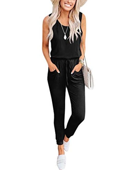 Caracilia Women's Tank Jumpsuit Casual Sleeveless Jumpsuit Beam Foot Elasitic Waist Rompers Jumpsuits with Pockets 