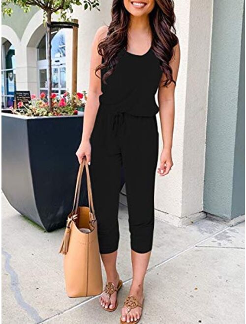 Caracilia Women's Tank Jumpsuit Casual Sleeveless Jumpsuit Beam Foot Elasitic Waist Rompers Jumpsuits with Pockets