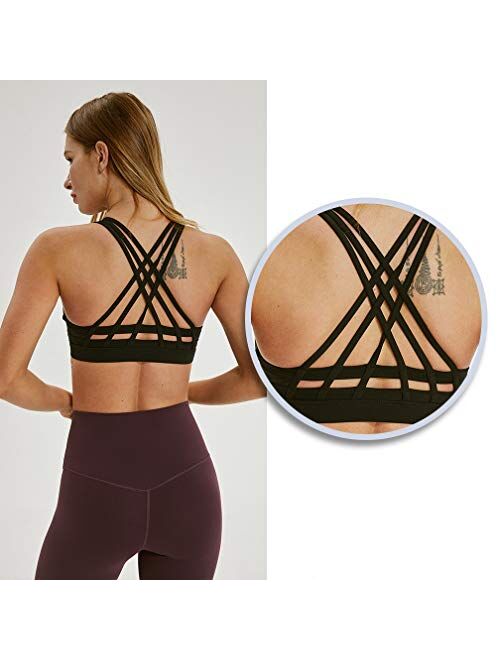 TERODACO Yoga Bras for Women Strappy Sports Bra Cross Back Wireless Padded Full Support