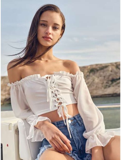 Shein Lace Up Front Frill Trim Bardot Top