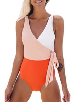 Women's Orange White Bowknot Bathing Suit Padded One Piece Swimsuit