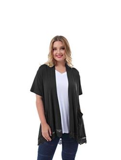 ZERDOCEAN Women's Plus Size Short Sleeve Lace Trim Lightweight Printed Drape Cardigan with Pockets