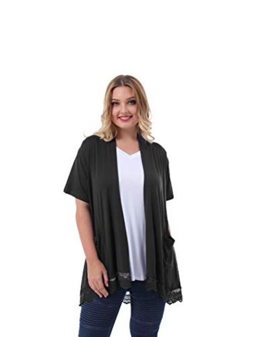 ZERDOCEAN Women's Plus Size Short Sleeve Lace Trim Lightweight Printed Drape Cardigan with Pockets