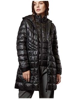 Escalier Womens Packable Down Jacket Hooded Fur Puffer Coat with Removable Bib