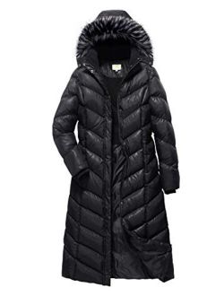 ELORA Women's Maxi Puffer Full Length Coat with Fur Trim Removable Hood