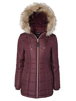 Women's Midlength Down Alternative Puffer Coat Zip Off Plush Lined Fur Trim Hood