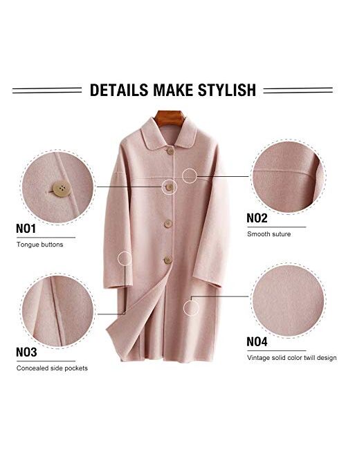 VUTOLEE Women Winter Pea Coat - Fashion Single Breasted Wool Blend Overcoat Loosen Shoulder Outwear Jacket L09