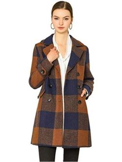 Women's Double Breasted Notched Lapel Winter Long Plaids Trench Coat
