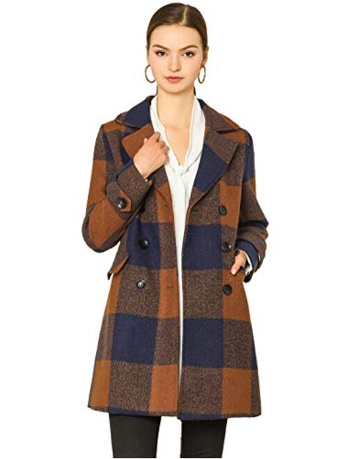 Allegra K Women's Double Breasted Notched Lapel Winter Long Plaids Trench Coat