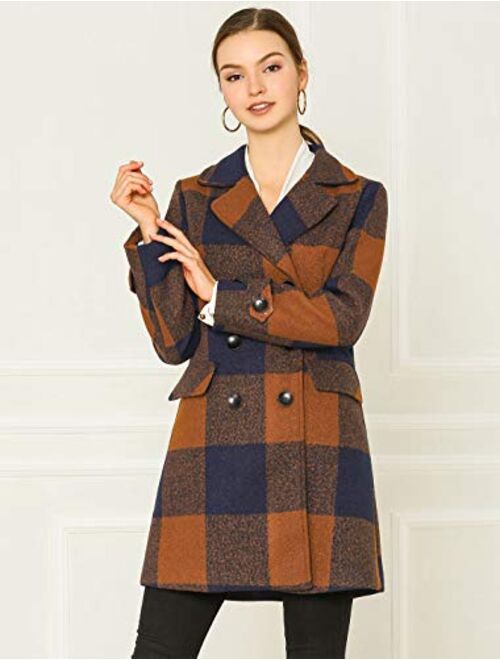 Allegra K Women's Double Breasted Notched Lapel Winter Long Plaids Trench Coat