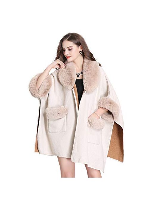 FOLOBE Women Faux Fur Cloak Poncho Cape