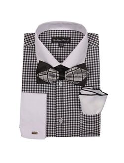 Men's Checks Shirt with High Fashion Bowtie and Handkerchief French Cuff FL628