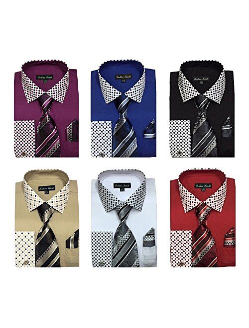 Fortino Landi Men's French Cuff Dress Shirt w/Polka Dot Contrast Collar & Tie Hanky Set