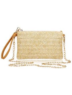 Womens Straw Clutch Bag Bohemian Summer Beach Straw Purse Zipper Wristlet Wallets for Women (Large Yellow)