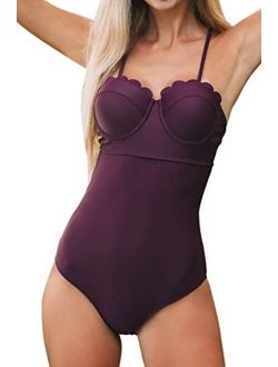 Women's Purple Scalloped Lace Up One Piece Swimsuit