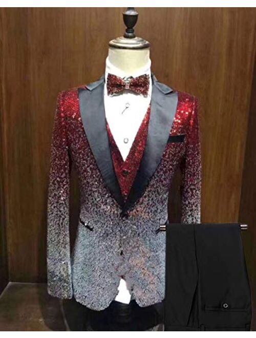 Vincent Bridal Men's Suits Shiny Sequin 3 Piece Slim Fit Tuxedo Party Blazer for Wedding Groomsmen(Jacket+Vest+Pants)