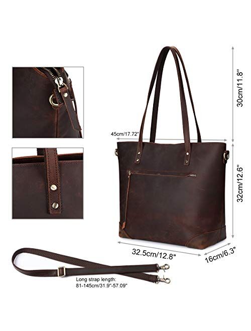 S-ZONE Vintage Genuine Leather Shoulder Laptop Bag Work Totes for Women Purse Handbag with Back Zipper Pocket