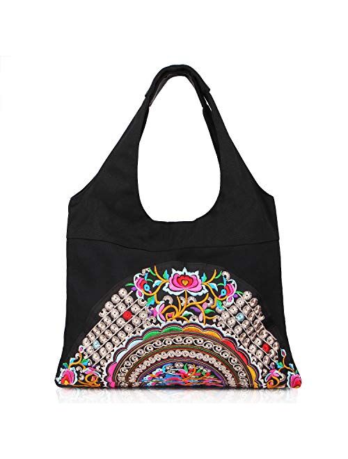 Embroidered Canvas Shoulder Bag Vintage Boho Ethnic Handbag Totes Travel Beach Bag