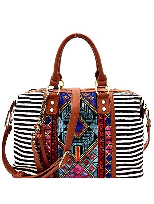 Boho Tassel Leaf Charm Aztec & Stripe Print Canvas Satchel Tote Handbag Purse