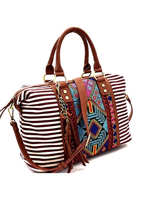 Boho Tassel Leaf Charm Aztec & Stripe Print Canvas Satchel Tote Handbag Purse