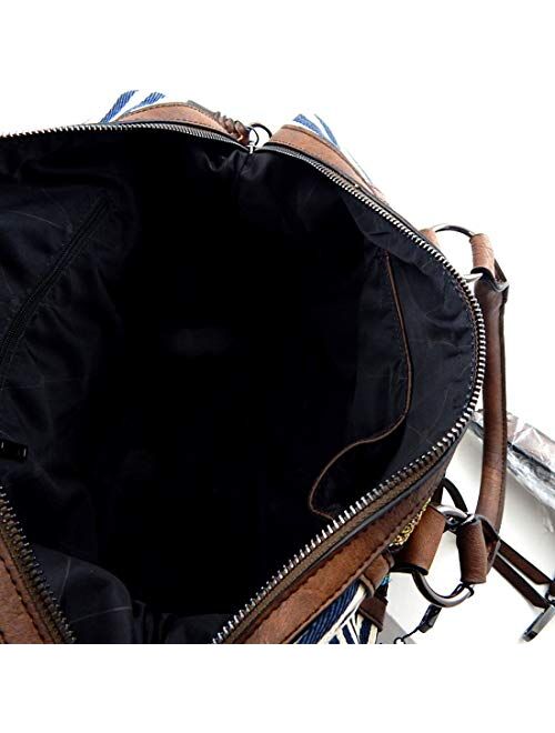 Boho Tassel Leaf Charm Aztec & Stripe Print Canvas Satchel Tote Handbag Purse