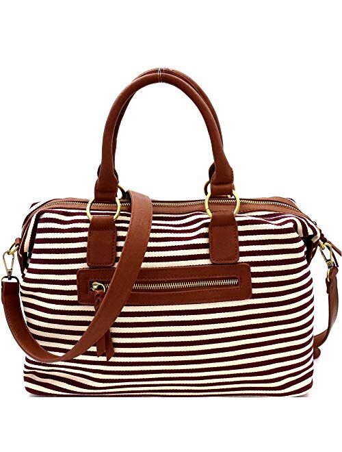 Boho Tassel Leaf Charm Aztec & Stripe Print Canvas Satchel Tote Handbag Purse