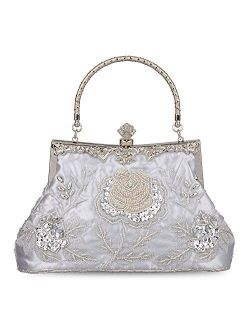 Baglamor Women's Vintage Style Roses Beaded And Sequined Evening Bag Wedding Party Clutch Purse (Silver)
