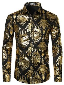 Men's Luxury Shiny Gold Design Silk Slim Fit Long Sleeve Button up Dress Shirts