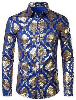Men's Luxury Shiny Gold Design Silk Slim Fit Long Sleeve Button up Dress Shirts