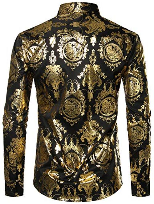 ZEROYAA Men's Luxury Shiny Gold Design Silk Slim Fit Long Sleeve Button up Dress Shirts