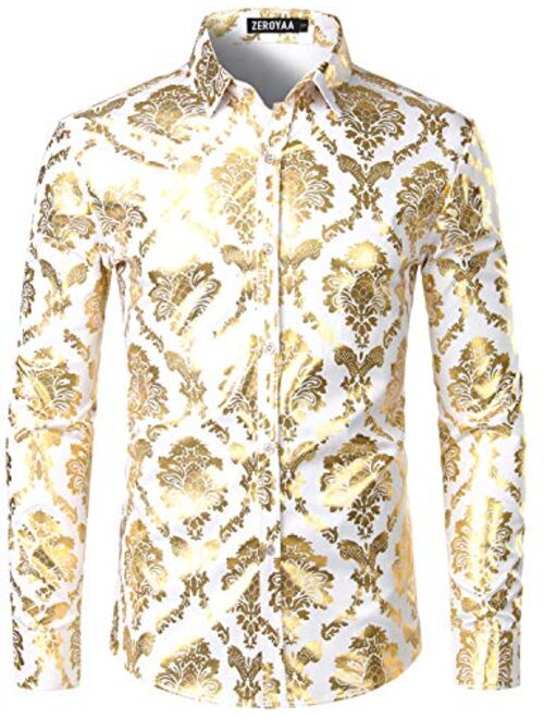 ZEROYAA Men's Luxury Shiny Gold Design Silk Slim Fit Long Sleeve Button up Dress Shirts