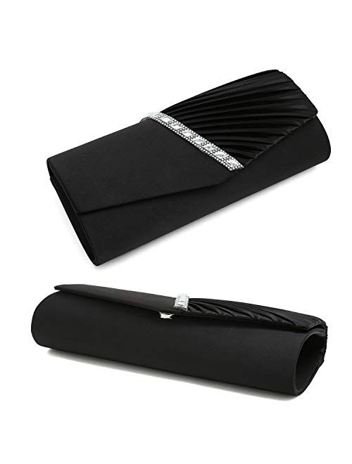 Charming Tailor Evening Handbag Crystal Embellished and Pleated Satin Clutch