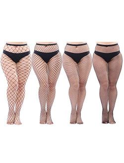 Aneco 4 Pairs Plus Size Fishnets Tights Sexy Black Fishnet Pantyhose Stockings Cross Mesh Tights Thigh High Stockings