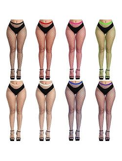 FEPITO 8 Pairs Fishnets Stockings Mesh Thigh High Pantyhose High Waist Fishnet Tights for Women