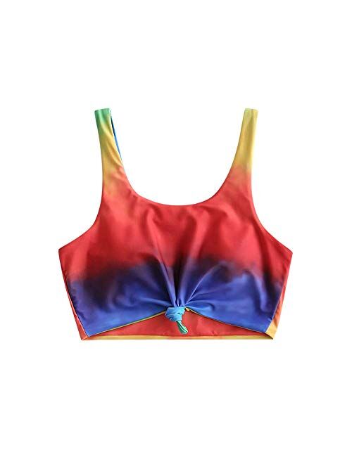 ZAFUL Tie Dye Knot Swimwear Ruched High Waisted Tankini Tank Top Swimsuit Rainbow Bikini