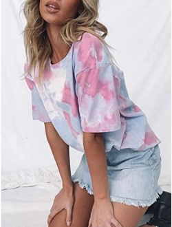 just quella Oversized T Shirts for Women Loose Casual Short Sleeve Tie Dye Tops Tees Mini Dress